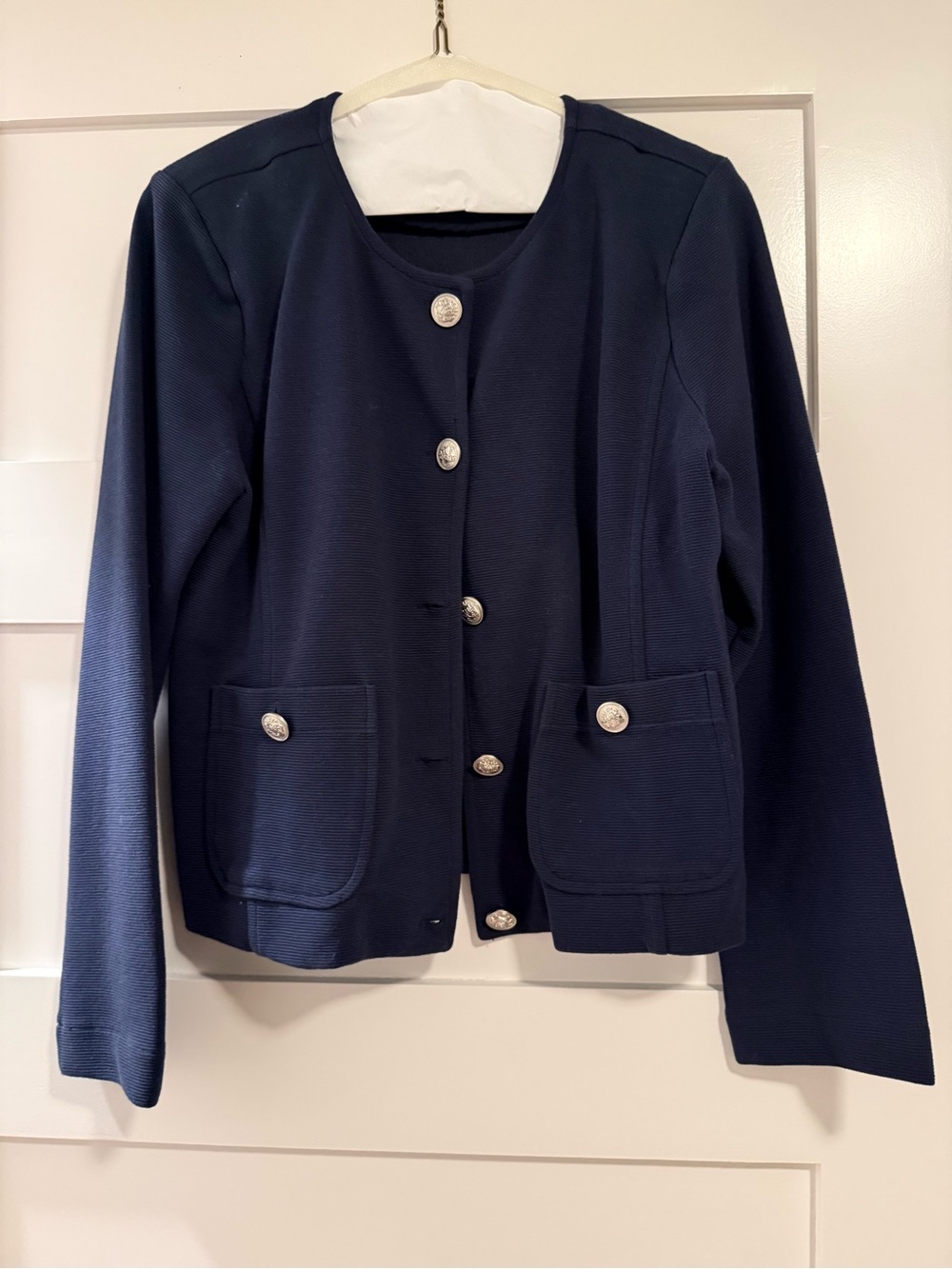 Skies Are Blue Navy Round-Neck Button Blazer with Silver Buttons